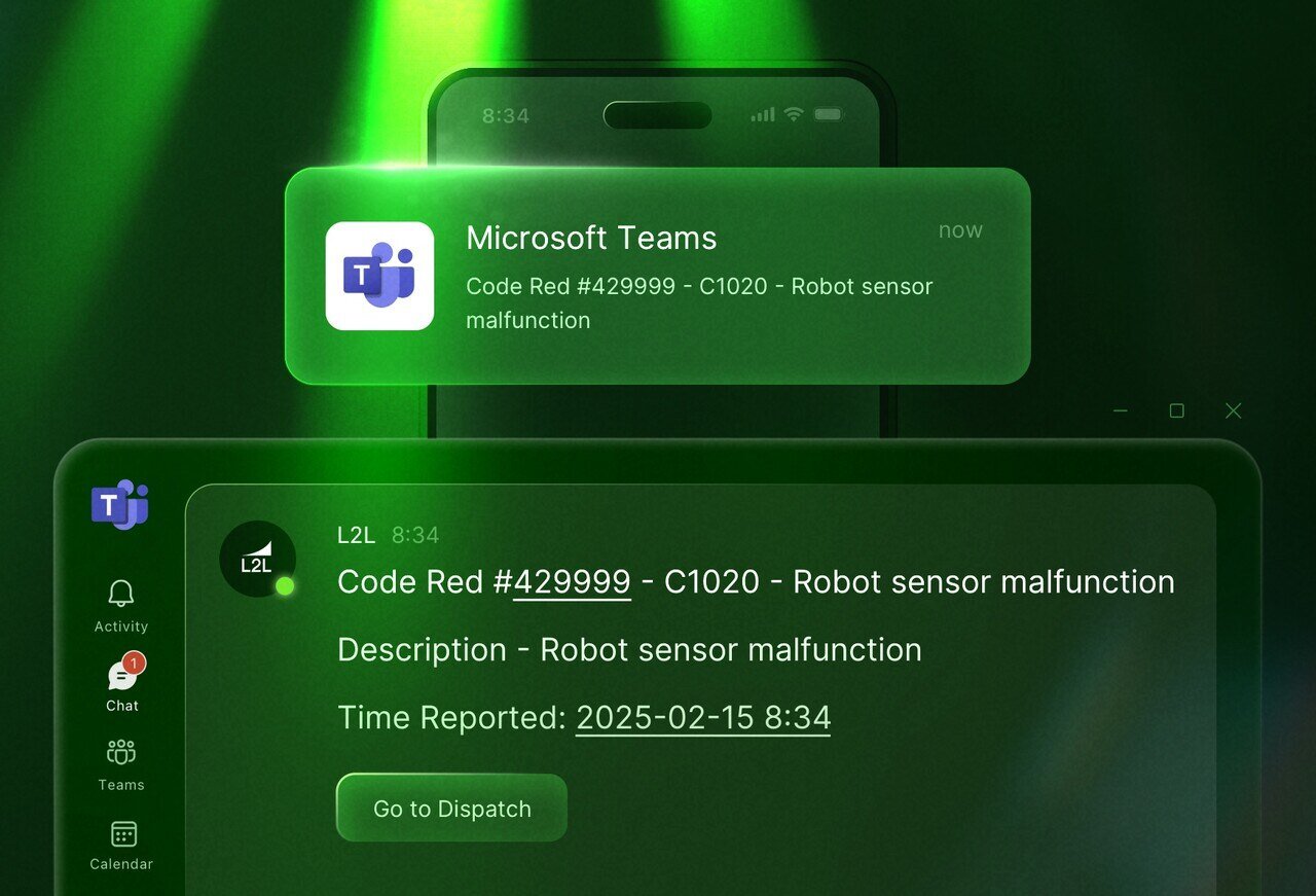 A picture of a Microsoft Teams notification within the L2L connected workforce platform.